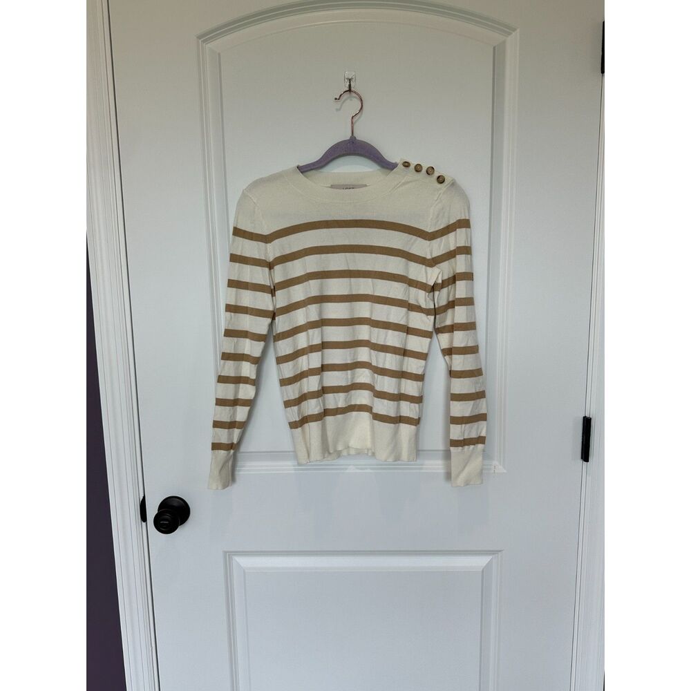 Loft Button Shoulder Tan and White Striped Sweater Size XS